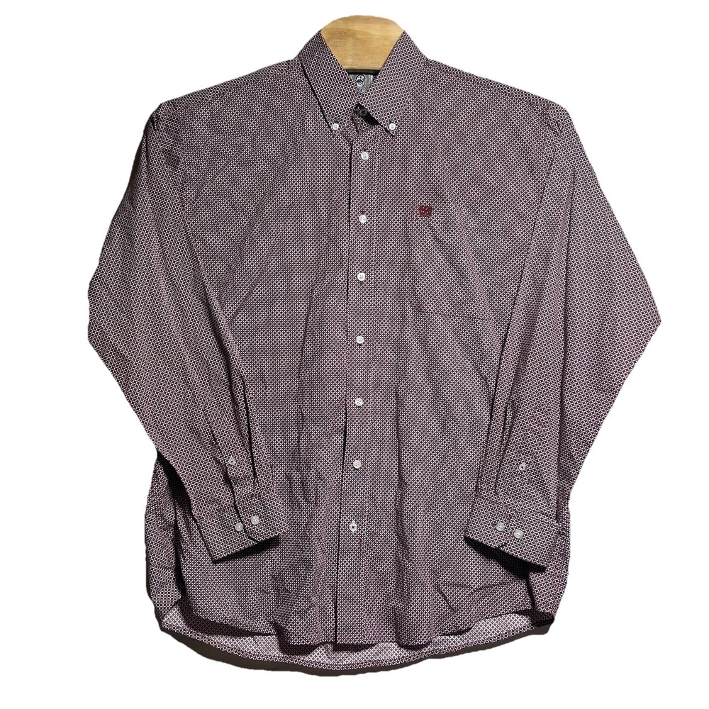 Cinch Men Western Long Sleeve‎ Button Down Maroon Shirt Sz Large Geometric Print